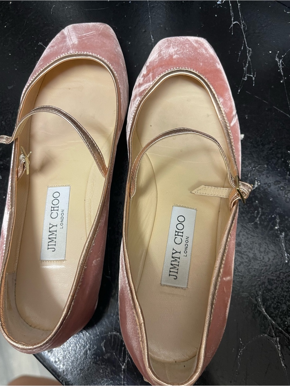 Jimmy Choo Blush Pink Velvet Mary Jane Flats with Metallic Trim